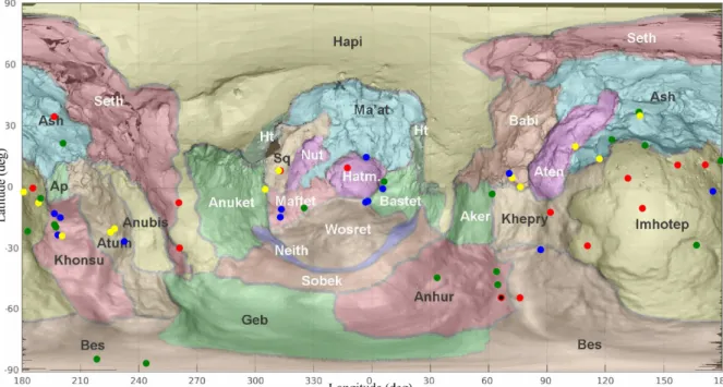 Fig. 2. Map of bright features observed on 67P. The detections of H 2 O ice are indicated by red, green, blue, and yellow colours, which correspond to the feature types 1–4, respectively; the black dot indicates the unique detection of CO 2 ice (Filacchion