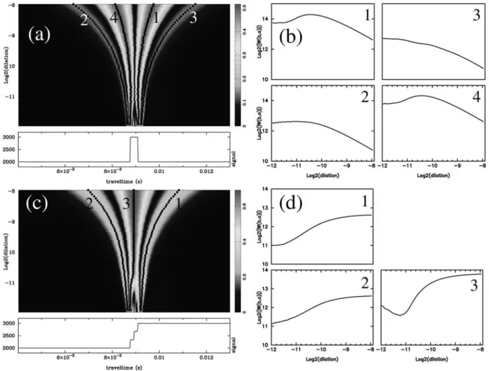 Figure 6. (a) Modulus of the wavelet response of a window function. The analyzing wavelet is the one shown in Figure 2b