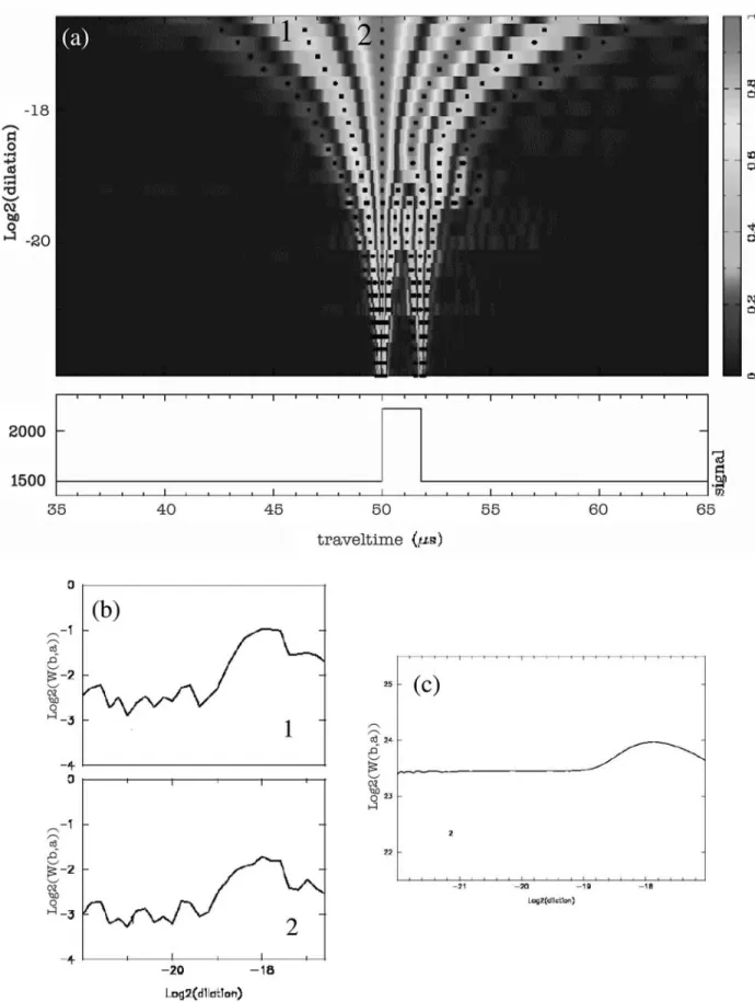 Figure 11. (a) Modulus of the experimental wavelet response of a polycarbonate plate immersed in water