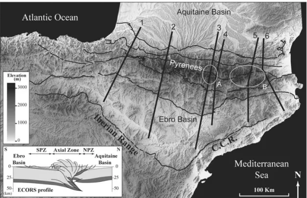 Figure 4. Analysis of the local relief of the Pyrenees derived from SRTM90 DEM data. Local relief is calculated by moving a 5 km wide circular search window over the DEM