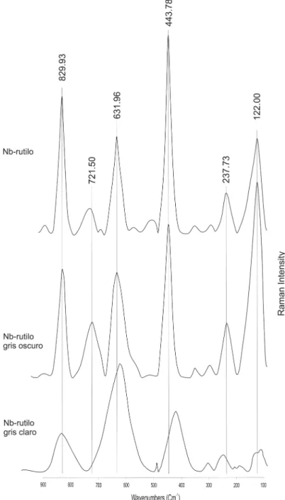 Figura 10. Espectrogramas Raman de rutilos-(Nb,Ta) de Cachicamo donde variaciones de tono y color en el mismo cristal de la  muestra Col-17-C-I se reflejan en picos distintos.