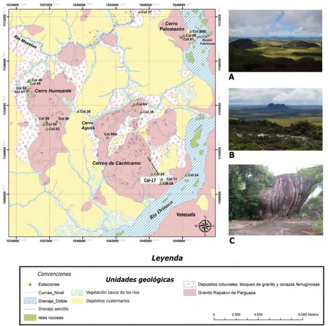 Figura 2. Mapa de la zona de estudio mostrando las unidades geológicas aflorantes en el área en especial cerros graníticos  aflorantes  separados  por  drenajes  llenados  por  sedimentos  a  la  orilla  izquierda  del  río  Orinoco  y  algunas  de  las  e