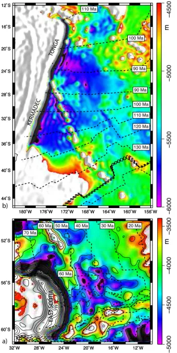 Fig. 6. Bathymetry on the foresides of the East Scotia (a) and Tonga and Kermadec (b) subduction zones