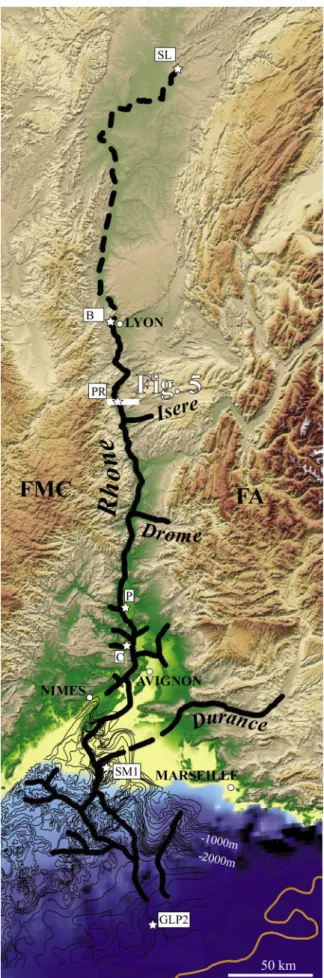 Figure 3. Digital elevation model of southern France showing the Messinian drainage pattern (thick black lines).