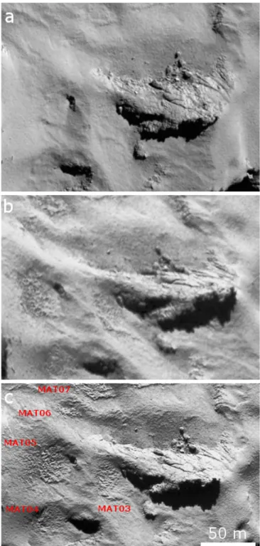 Fig. 2. Comparison of surface texture around honeycombs MAT01 and MAT02 observed on September 12, 2014 (a) and January 22, 2015 (b).