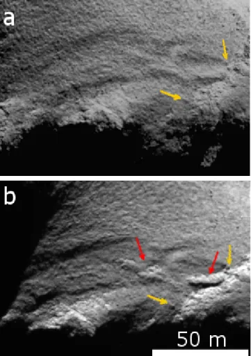 Fig. 6. Revelation of sharp topography indicating removal of overlying dust cover between November 13, 2014 (a) and March 28, 2015 (b).