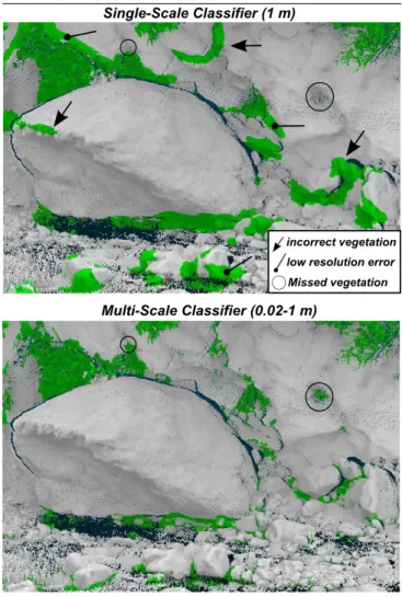 Fig. 10 Comparison of best single scale vegetation clas- clas-sifier with multi-scale clasclas-sifier