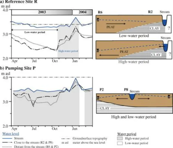 Fig. 2. Water level fluctuations during a hydrological year in reference site R (a), and pumping site P  (b)
