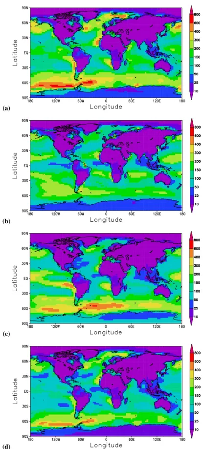 Fig. 4. Annually-averaged atmospheric DMS mixing ratio (pptv) at the surface from (a) EXP1, (b) EXP2, (c) EXP3, and (d) EXP4.