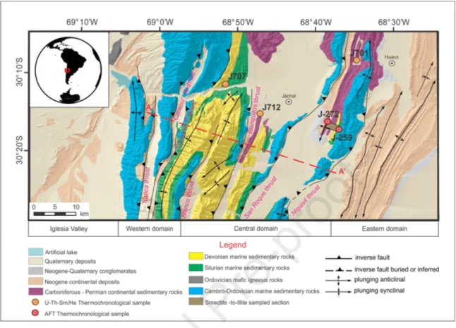 Fig 1. Geological-structural map of the study area (Jachal-Rodeo section after Nassif et al., 2019