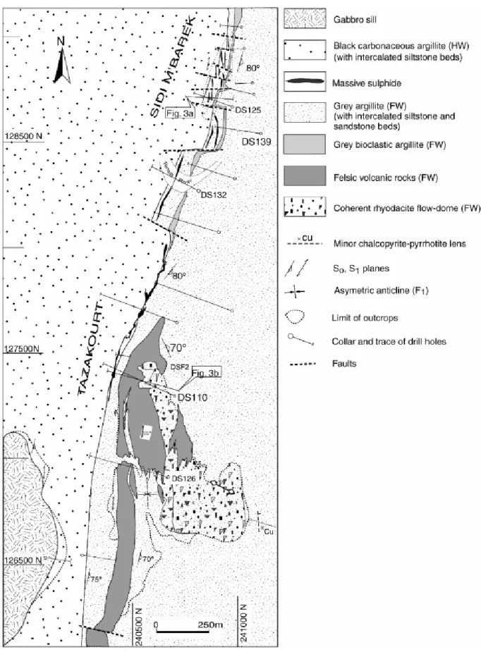 Fig. 2. Geological map of the Draa Sfar area, showing the location of the massive sulphide orebodies, key  geologic units and selected diamond drill holes illustrated in Fig