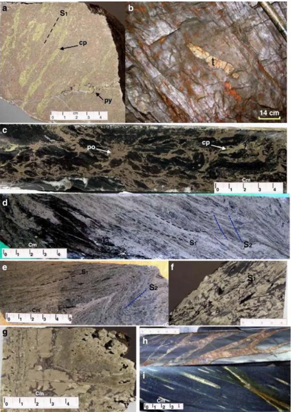 Fig. 6. Photographs of the macroscopic and structural habit of the massive sulphide ore; (a) Polished sample  showing the S1 foliation within sulphides marked by the elongation of chalcopyrite (CP) within pyrrhotite (PO),  and a later fracture filled with 