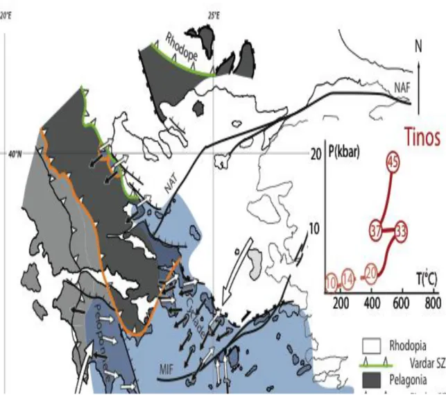 Fig.  4.  High-pressure  metamorphism  in  the  Adria  and  Pelagonia  blocks.  PTt  diagrams  illustrate  the  exhumation  history  of  the  Cycladic  Blueschist  Unit  in  Tinos  (Numbers  in  circles:  Time  in  My)  (After  Parra  et  al