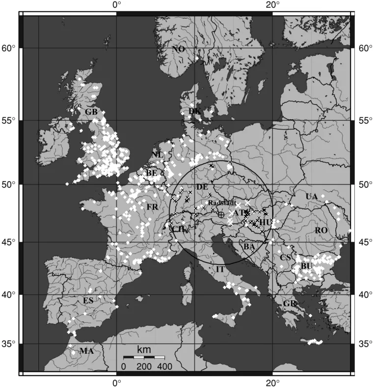 Figure 1. Map (Mercator projection) showing locations (white diamonds) of archaeomagnetic sites in Europe taken from the archaeomagnetic database and further references (see Schnepp &amp; Lanos 2005)