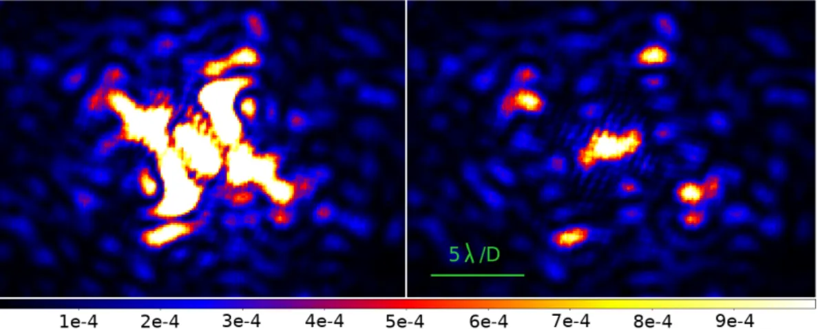 Fig. 5. Internal source: science images recorded at Br-γ after minimization of NCPA using the MGS algorithm (left panel) and using the SCC (right panel)