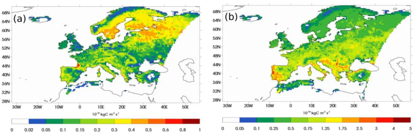 Figure 1.8: Present estimates of emissions of monoterpenes (a) and isoprene (b) for the Mediterranean and other European regions