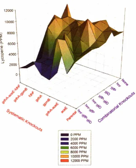 Figure 5.5: Visualization of the metabolic landscape-maximum production. The maximum Iycopene production (in ppm) during the course of a 48 hour shake-flask fermentation is plotted