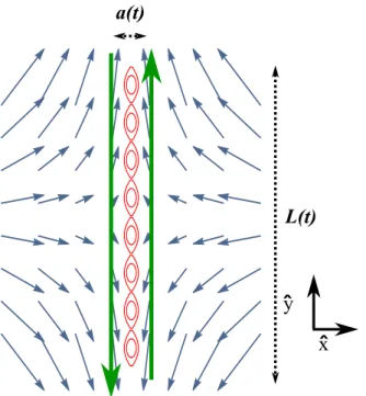 Figure 1. Schematic configuration of forming current sheet, which is characterized by a width a (t) and a length L (t)