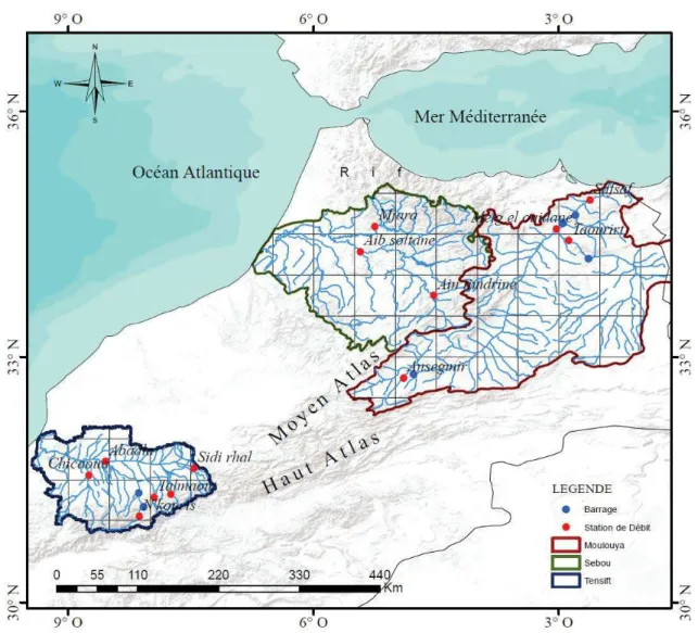 Figure 14 : Localisation des stations de débit sélectionnées sur les bassins Moulouya, Sebou  et Tensift 