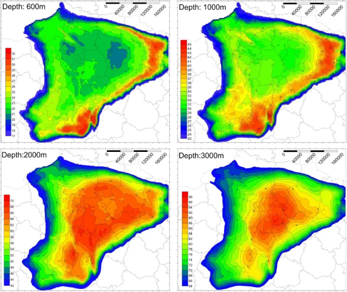 Figure  5:  Mapping  representation  of  temperatures  at  several  isodepths  (600m,  1000m,  2000m,  and  3000m),  from the tectonic-heat flow modelling