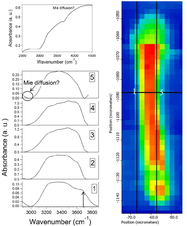 Figure 3: Lower left: Baseline-corrected spectra of water (see text). The numbers relate to the  location of each spectrum on the map (Right), along the width highlighted in white, numbered from  left to right between the two black lines