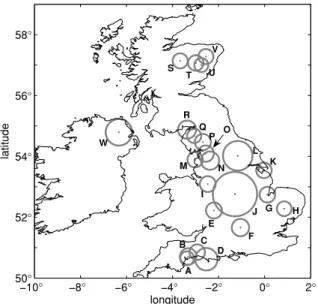 Figure 7. Locations of the 23 boreholes used in this study as labelled in table 1. The maximum temperature measurement depth at each borehole is indicated proportionally by the diameter of the circle marker