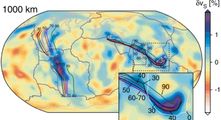 Figure 3d also shows that the SE tip of the Tethyan subduction faces and merges with the Paci ﬁ c one, at least in the upper middle mantle, forming a broad downwelling zone