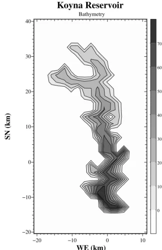 Figure 2. Bathymetry of the Koyna reservoir (in meters).