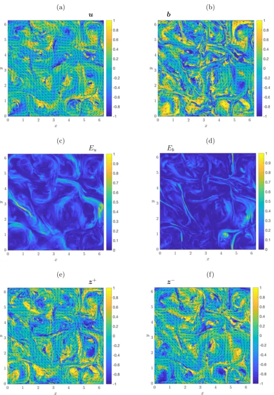 FIG. 1. Typical slices of the physical fields in the (x , y) plane of forcing for the snapshot considered in our analysis