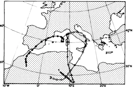 Fig.  2.  Examples  of  backward  air-mass  trajectories  coming  from  north  Africa  and  ending  at  the  700  hPa  barometric level