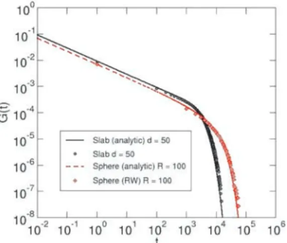 Figure 2. Computed memory function (RW is random walk method) versus analytical solution for a sphere and a slab with identical constant diffusivity.