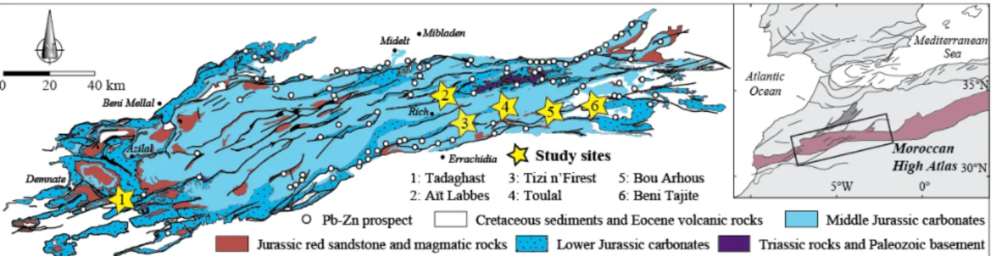 Figure 1. Map of the Moroccan High Atlas and location of the six studied ore deposits