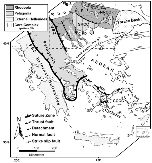 Figure 1. Simpli ﬁ ed geological map of the Hellenides which are made, from north to south, of three continental blocks (Rhodopia, Pelagonia, and External Hellenides) and two intervening sutured oceanic domains (Vardar and Pindos Suture Zones)