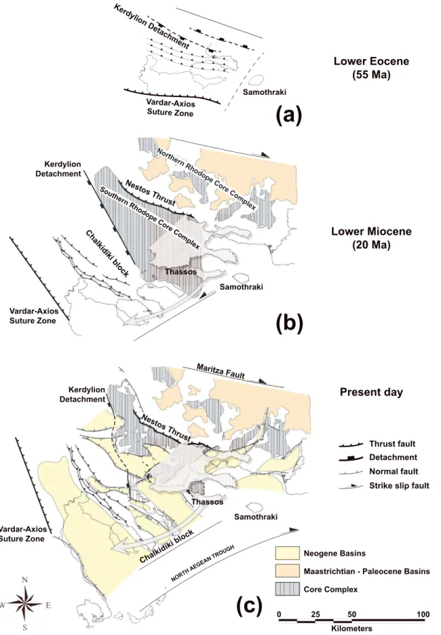 Figure 4. Map restoration of the North Aegean domain. Three key snapshots are shown between lower Eocene and the present day