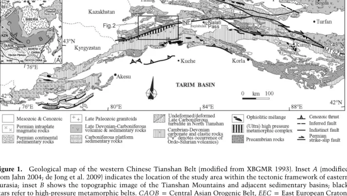 Figure 1. Geological map of the western Chinese Tianshan Belt (modified from XBGMR 1993)