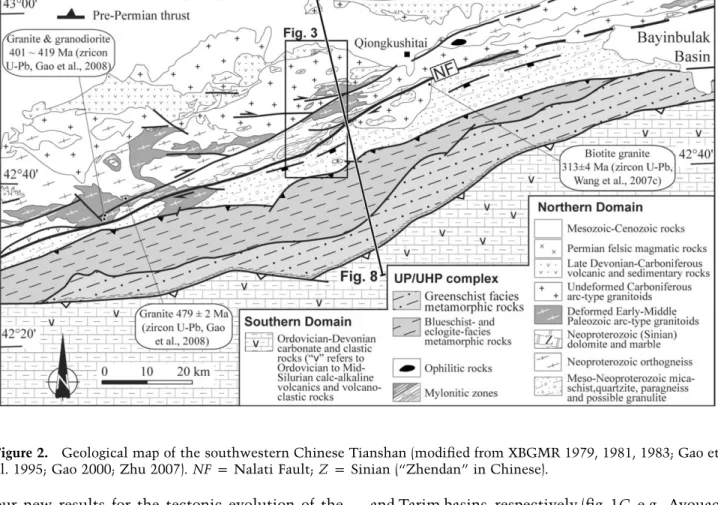 Figure 2. Geological map of the southwestern Chinese Tianshan (modified from XBGMR 1979, 1981, 1983; Gao et al