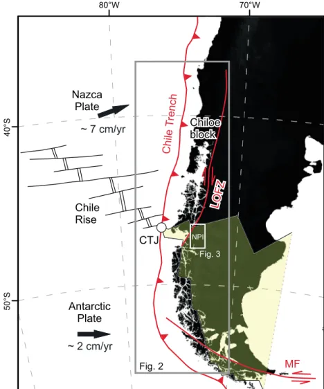 Figure 1. Tectonic setting and location of study area. The grey rectangle (Figure 2) spans the Patagonian Andes along the subduction margin of South America