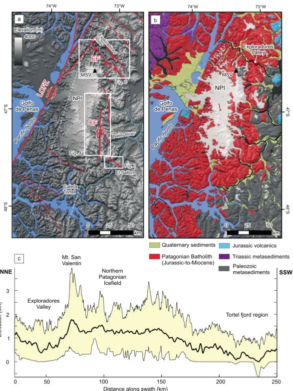 Figure 3. Study areas at the Northern Patagonian Ice ﬁ eld. (a) Topography (SRTM-1 30 m resolution) and tectonic structures (red lines) in the study area; LOFZ: Liquiñe-Ofqui Fault Zone, EF: Exploradores Fault Zone, CF: Cachet Fault, NPI: Northern Patagoni