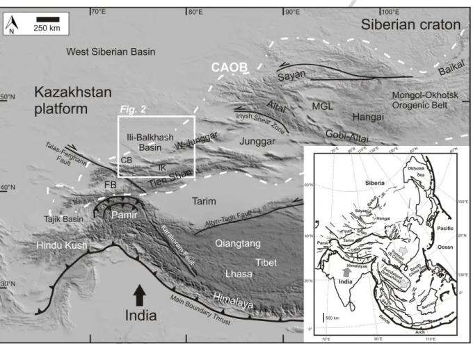 Fig.  1.  General  topographic  and  tectonic  map  of  Central  Asia  with  indication  of  the  Central  Asian  Orogenic  Belt  (CAOB) and the Ili-Balkhash study area (white  square detailed in Figure 2)