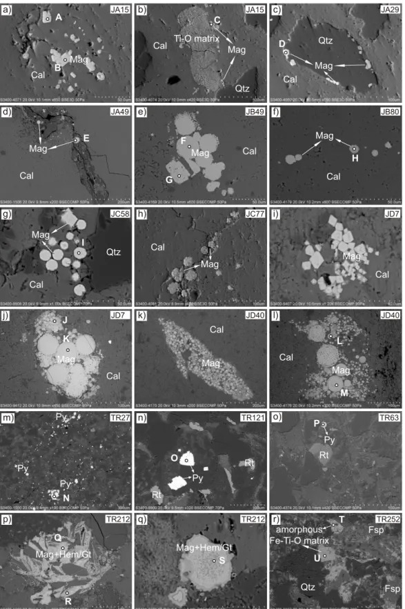 Figure 8. SEM back-scattered electron images for selected samples of (a–l) Jurassic limestone and (m–r) Lower Cretaceous volcaniclastic sandstones