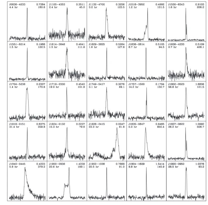 Figure 2. Integrated pulse profiles for the 25 pulsars presented here. For each pulsar, in the top left corner we report the source name and the integration time contributing to the pulse profile, and in the top right corner the spin period in seconds and 
