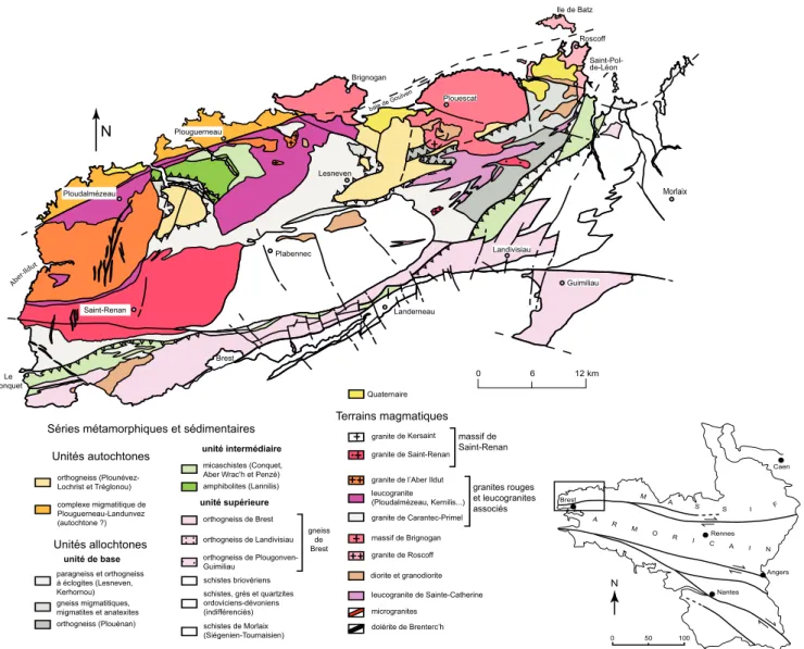 Fig. 1 - Carte géologique du Léon. Cette carte tient compte des levés récents réalisés dans le programme BRGM de la carte géologique de la France.