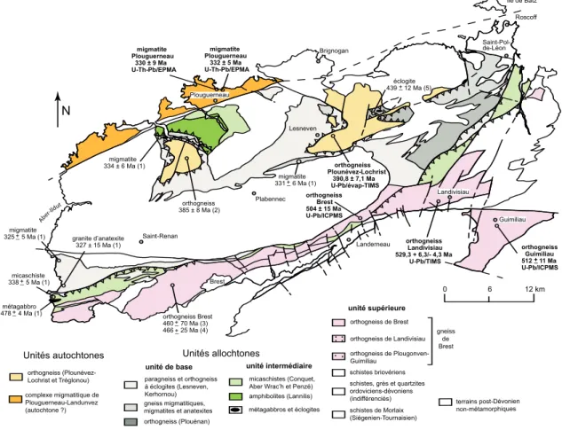 Fig. 2 - Carte des terrains métamorphiques du Léon, avec les datations anciennes et celles réalisées au cours de ce travail (en gras).