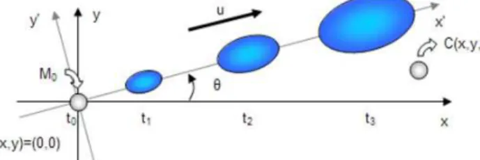 Figure 9. Brief injection of mass in a 2D infinite medium, with a specified direction of the flow.