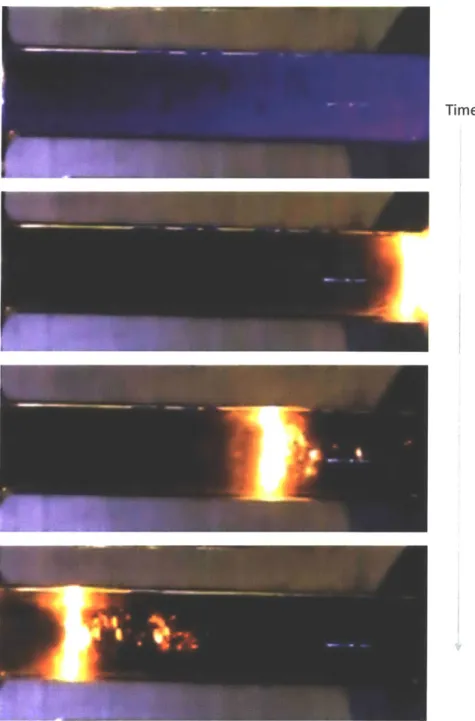 Figure 31: Burning of a strand burner sample.  A blue flash is  visible  through the propellant when  the laser ignition system is fired (top)