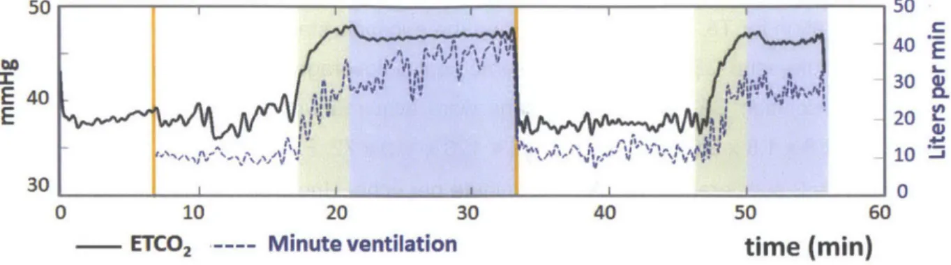 Figure  4.9.  Physiological  time courses of end-tidal  CO 2  (ETCO 2 ) in  mmHg  and  minute  ventilation  in L/min  for  one  healthy  volunteer