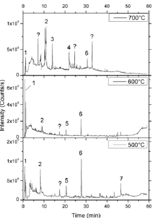 Figure  4  –.  Chromatograms  obtained  after  ther- ther-mochemolysis of adenine at 650°C