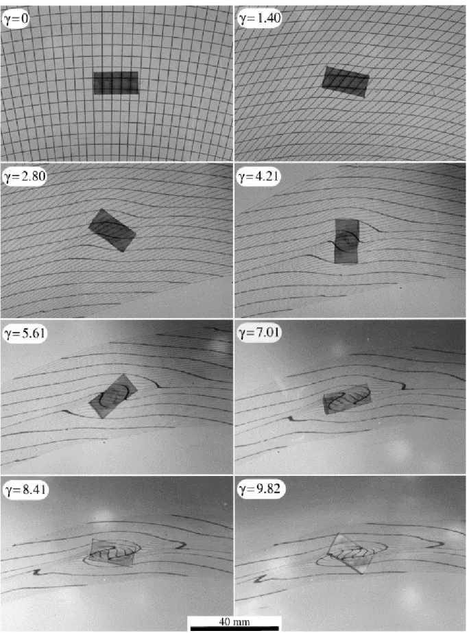 Fig. 10. Sequence of photographs of the rotating particle 6 placed at a depth of 7 mm with its [a,b] face (of  aspect ratio 2.00) parallel to the free surface of the PDMS, showing the gradual development of deformation of  the polar grid imprinted on the s