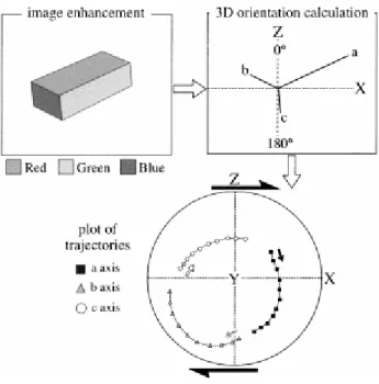 Fig. 5. Procedure for calculation, using digitised images, 3072×2048 pixels in size, of the orientation of the three  major axes, which characterises the particle