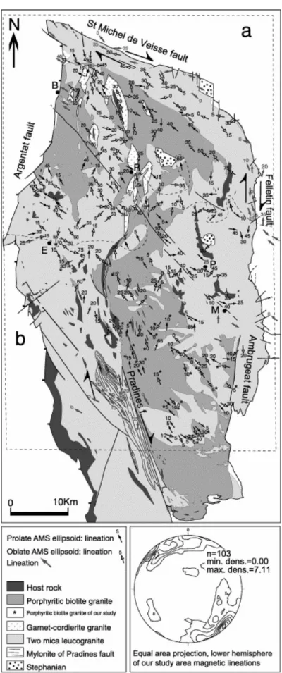 Fig. 8. Magnetic lineations of the Millevaches massif: (a) AMS data from Jover (1986), (b) AMS data from our  study area